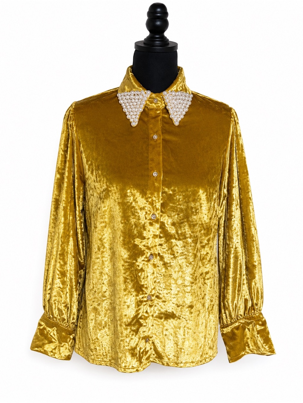 BOMEIHUI Gold Velvet Button Down Blouse Pearl Collar Long Sleeve Size L